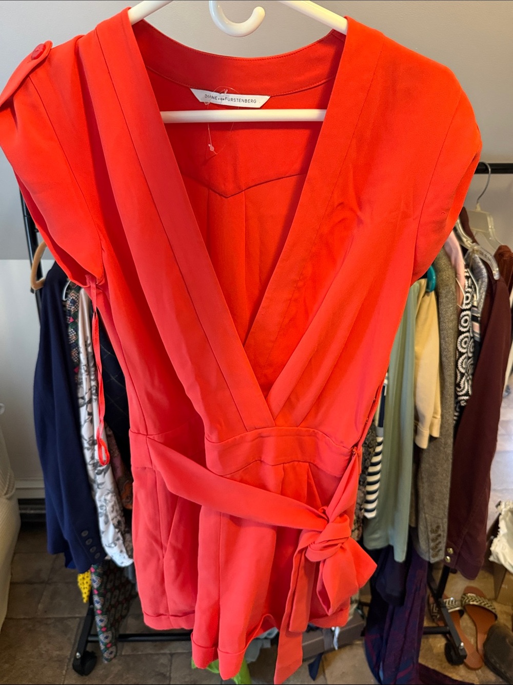 Diane Von Furstenberg Bright Coral Mini Dress romper with belt & pockets